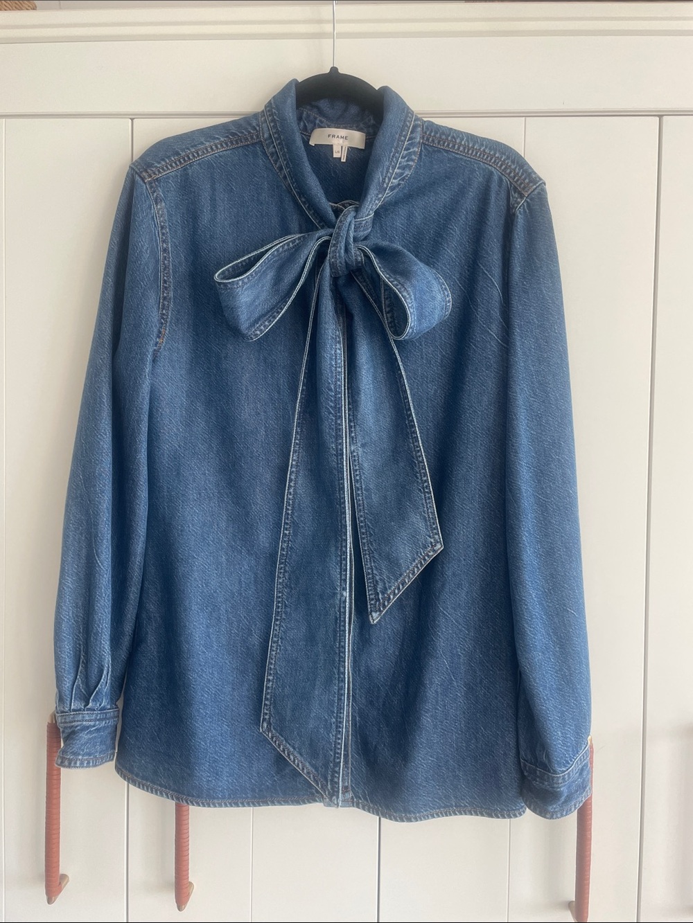 Frame Denim Blue Denim Tie-Bow Blouse